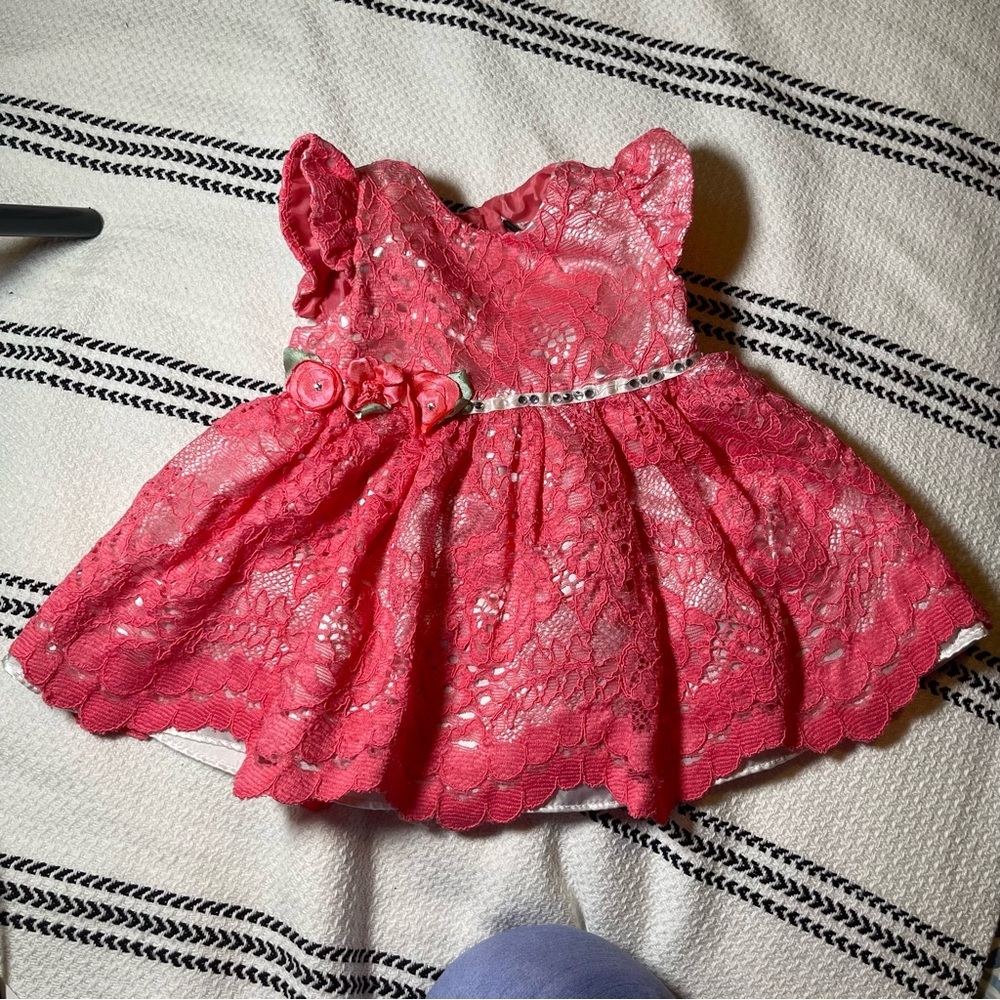 Rare Editions | Coral Dress | Lace Overlay with flowers | 6 Months